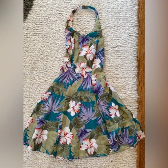 Vintage Hilo Hattie Hawaiian Print Halter Dress Green Tropical Print XS / 2 - Picture 3 of 6